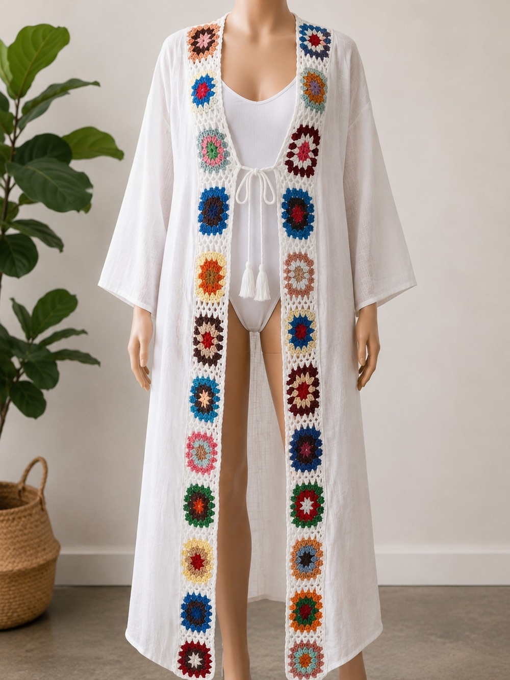 White Crochet-Trim Kimono/Duster/Cover-Up